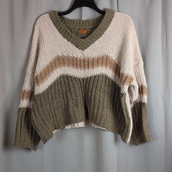 POL V-Neck Sweater - Olive, Cream, and Tan Stripes - Picture 1 of 4
